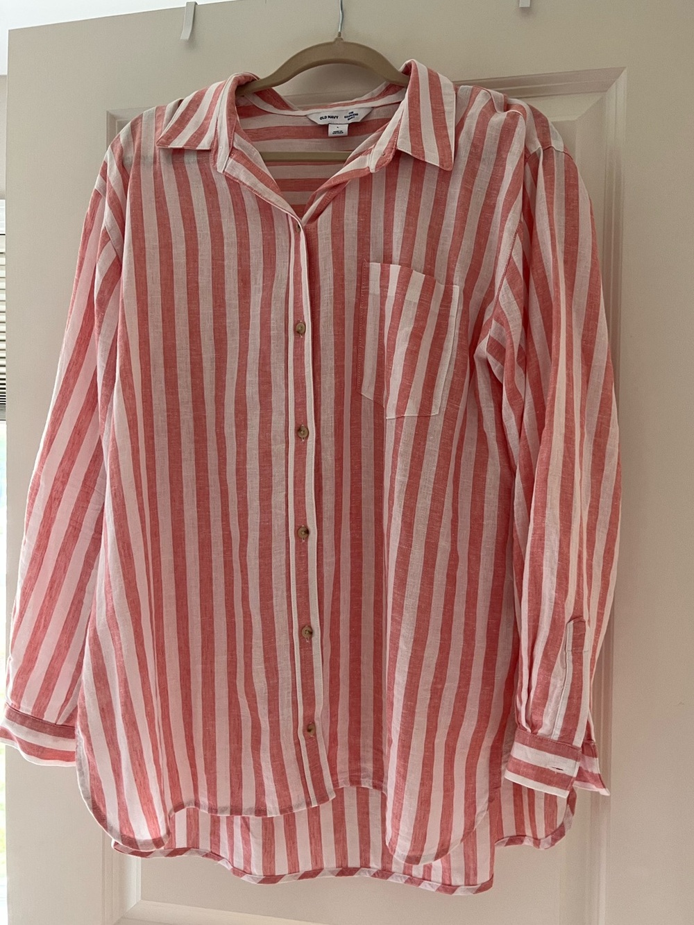 NWT Old Navy Light Pink & White Striped Button-Up Linen Blend Boyfriend Shirt